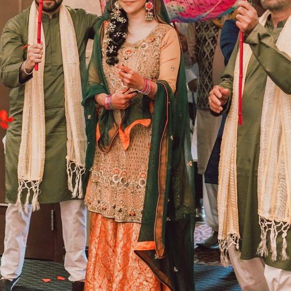 Indian Pakistani Bridal Mehndi Jamawar Lehenga Kameez Dress - Picture 2 of 8